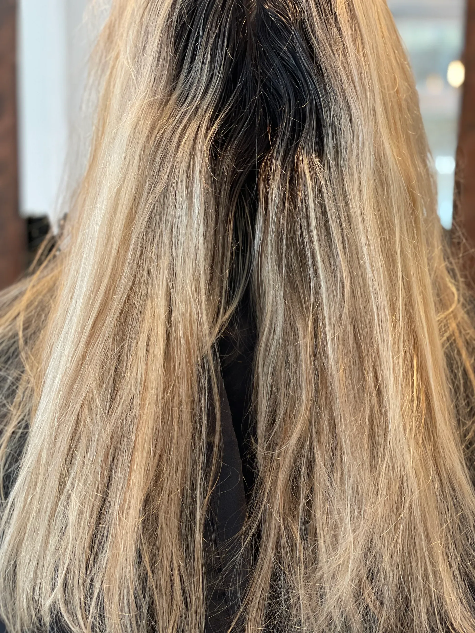 Frizzy, damaged hair before professional treatment and balayage
