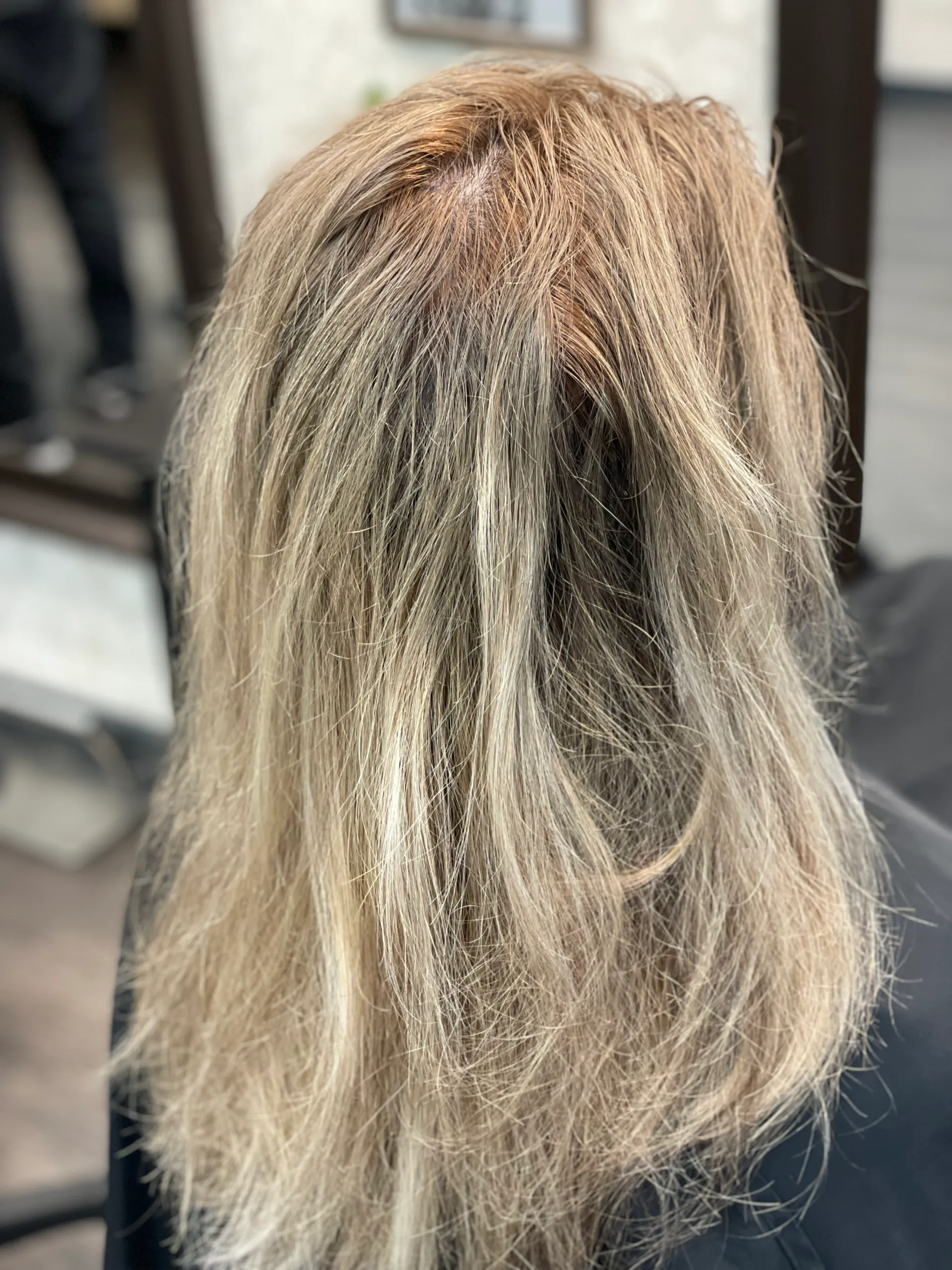 Brown hair with outdated highlights needing modern color