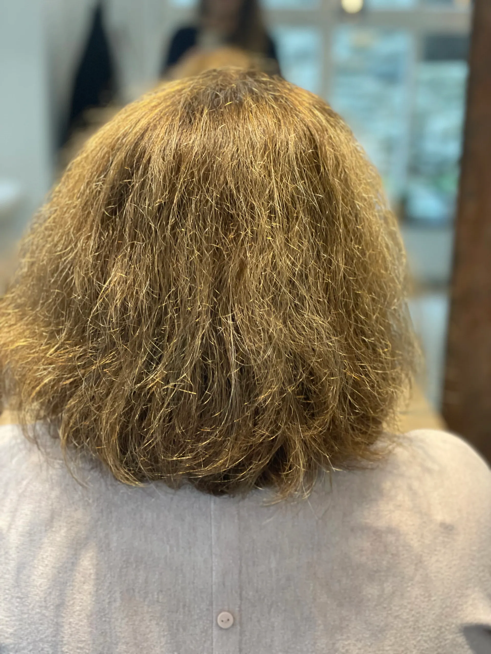 Brown hair with outdated highlights needing modern color